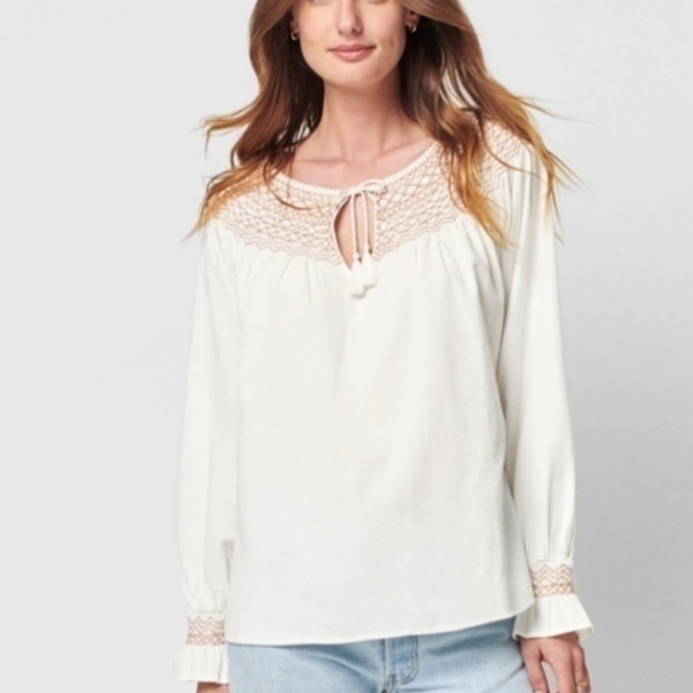 Faherty Laura Embroidered Tassel Tie Neckline Bohemian Cream Oraganic Cotton XS